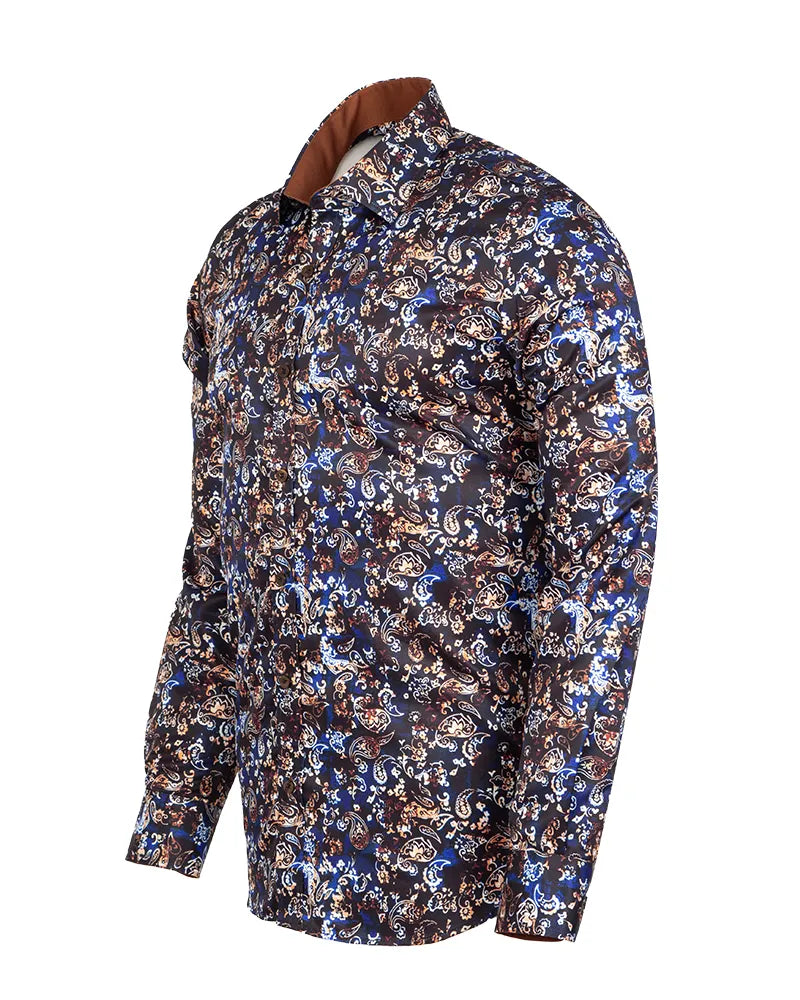 Brown Paisley Print Long Sleeve Men`s Shirt-Makrom
