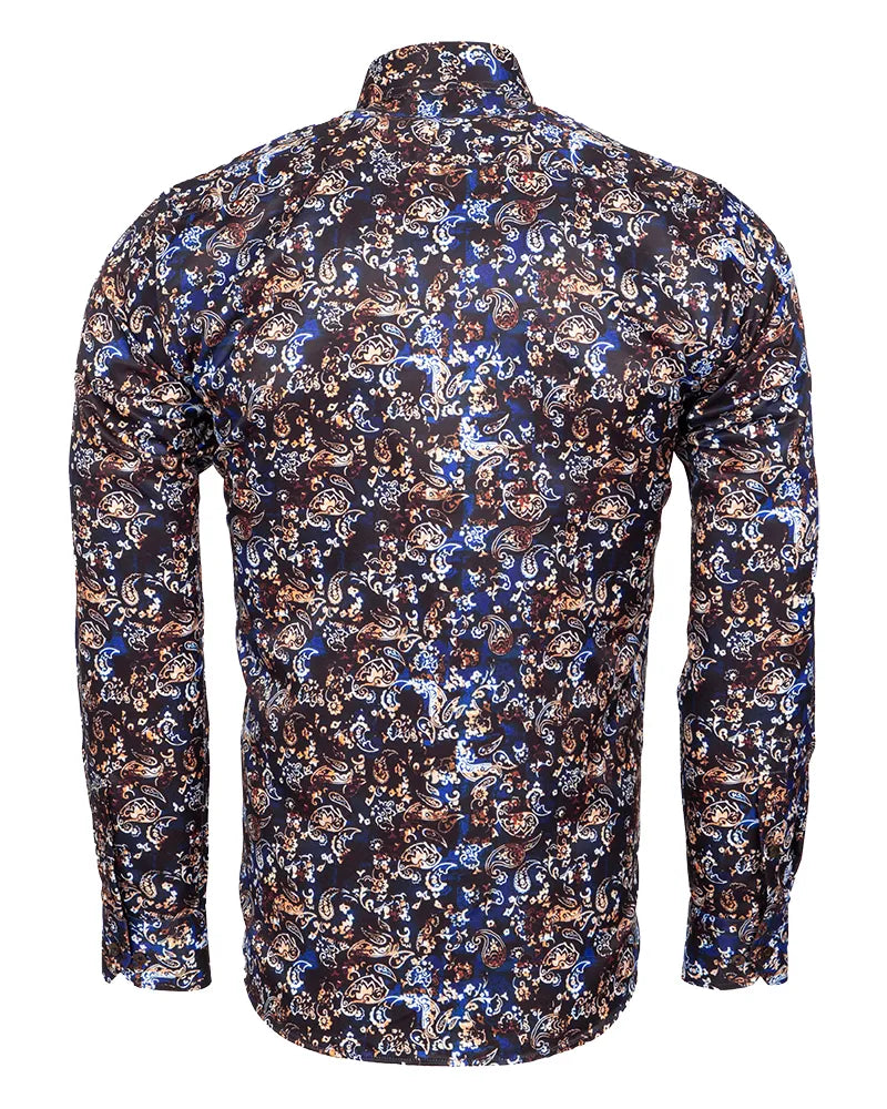 Brown Paisley Print Long Sleeve Men`s Shirt-Makrom