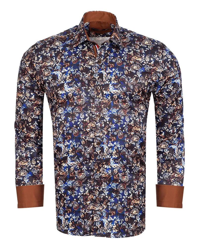 Brown Paisley Print Long Sleeve Men`s Shirt-Makrom