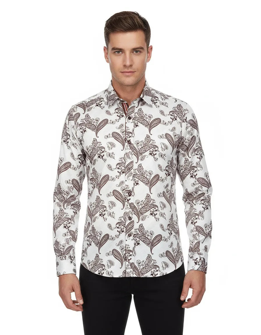 Brown Paisley Print Long Sleeve Shirt-Makrom