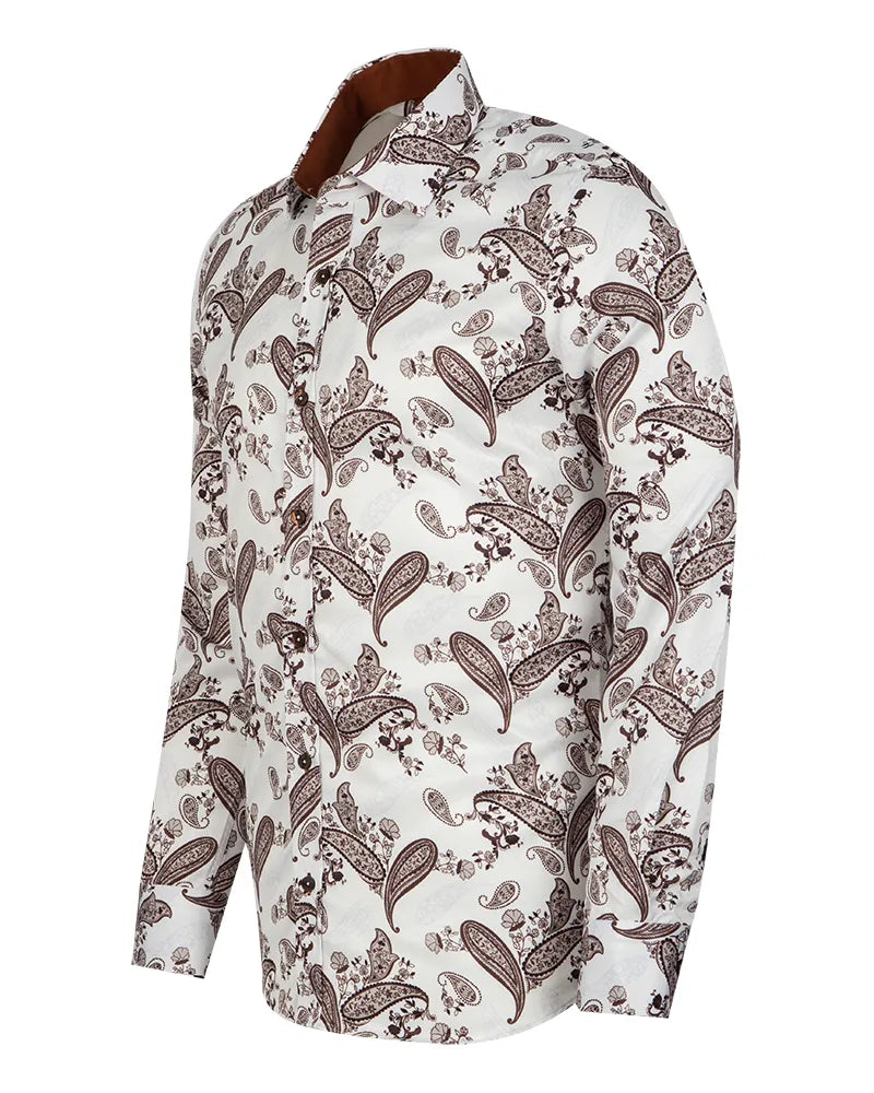 Brown Paisley Print Long Sleeve Shirt-Makrom