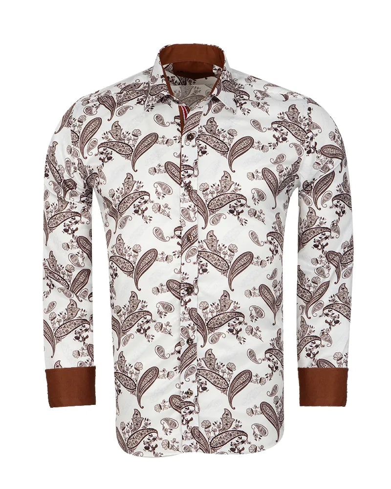 Brown Paisley Print Long Sleeve Shirt-Makrom