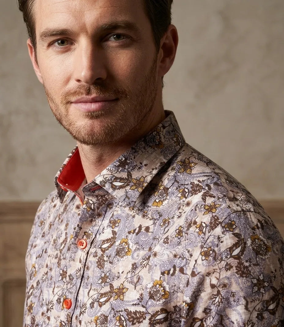 Brown Paisley Print Shirt with Matching Handkerchief