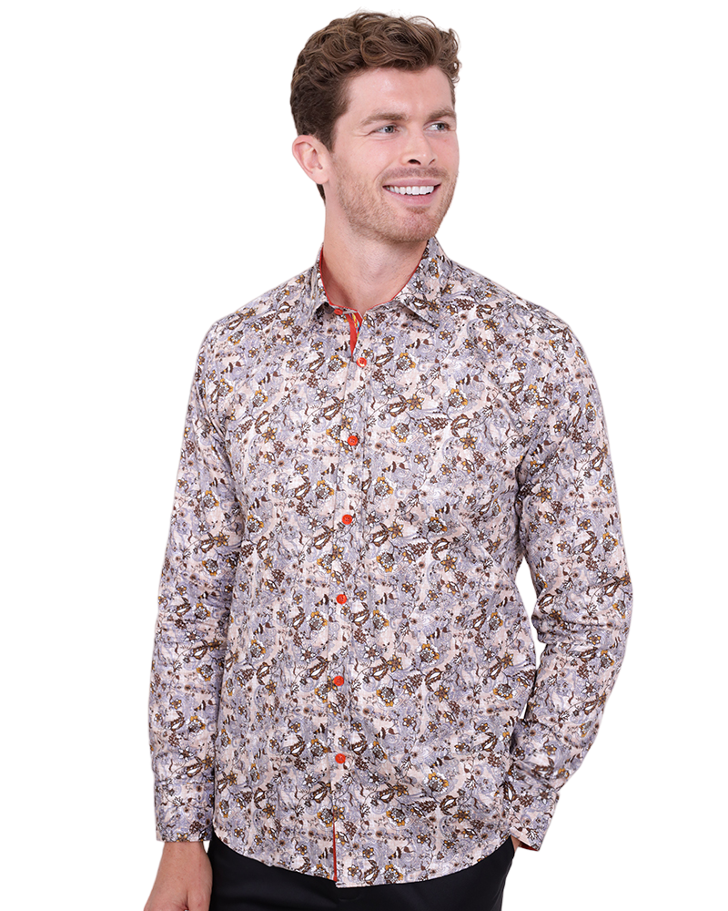 Brown Paisley Print Shirt with Matching Handkerchief-Makrom
