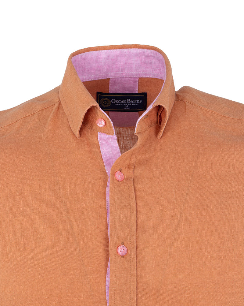 Brown Plain Linen Short Sleeve Shirt-Makrom