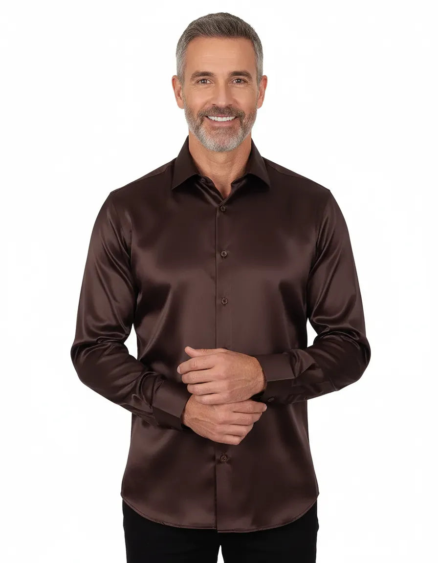 Brown Satin Plain Satin Classic Men’s Shirt-Makrom