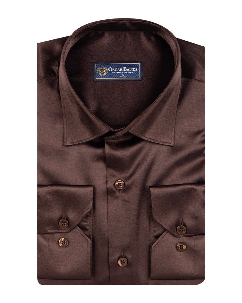 Brown Satin Plain Satin Classic Men’s Shirt-Makrom