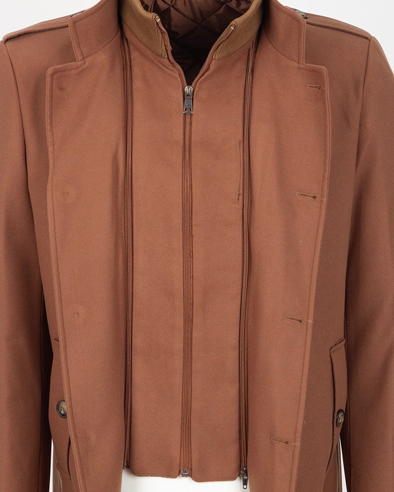 Brown Single Breasted Overcoat with Removable Quilted Insert-Makrom