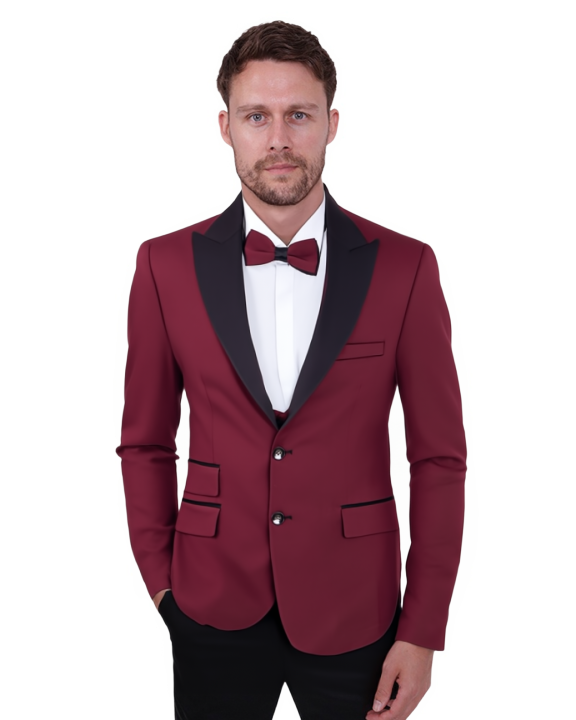Burgundy Contrasting Lapel Blazer & Waistcoat-Makrom