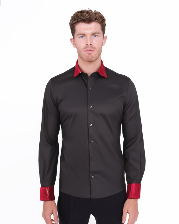 Burgundy Fashion Shirt with Sequin Collar & Sleeve Design-Makrom