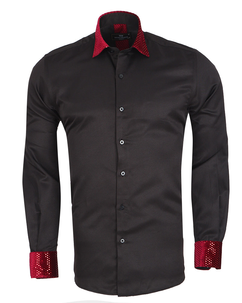 Burgundy Fashion Shirt with Sequin Collar & Sleeve Design-Makrom