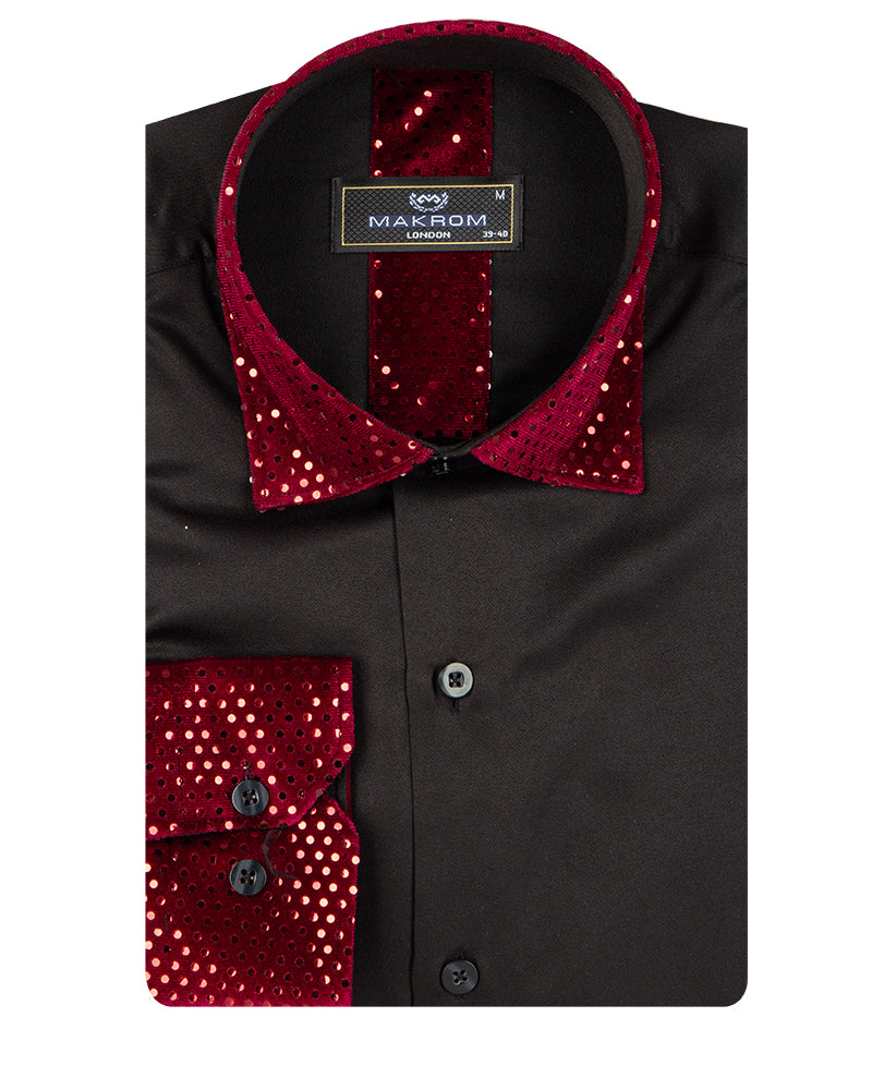 Burgundy Fashion Shirt with Sequin Collar & Sleeve Design-Makrom
