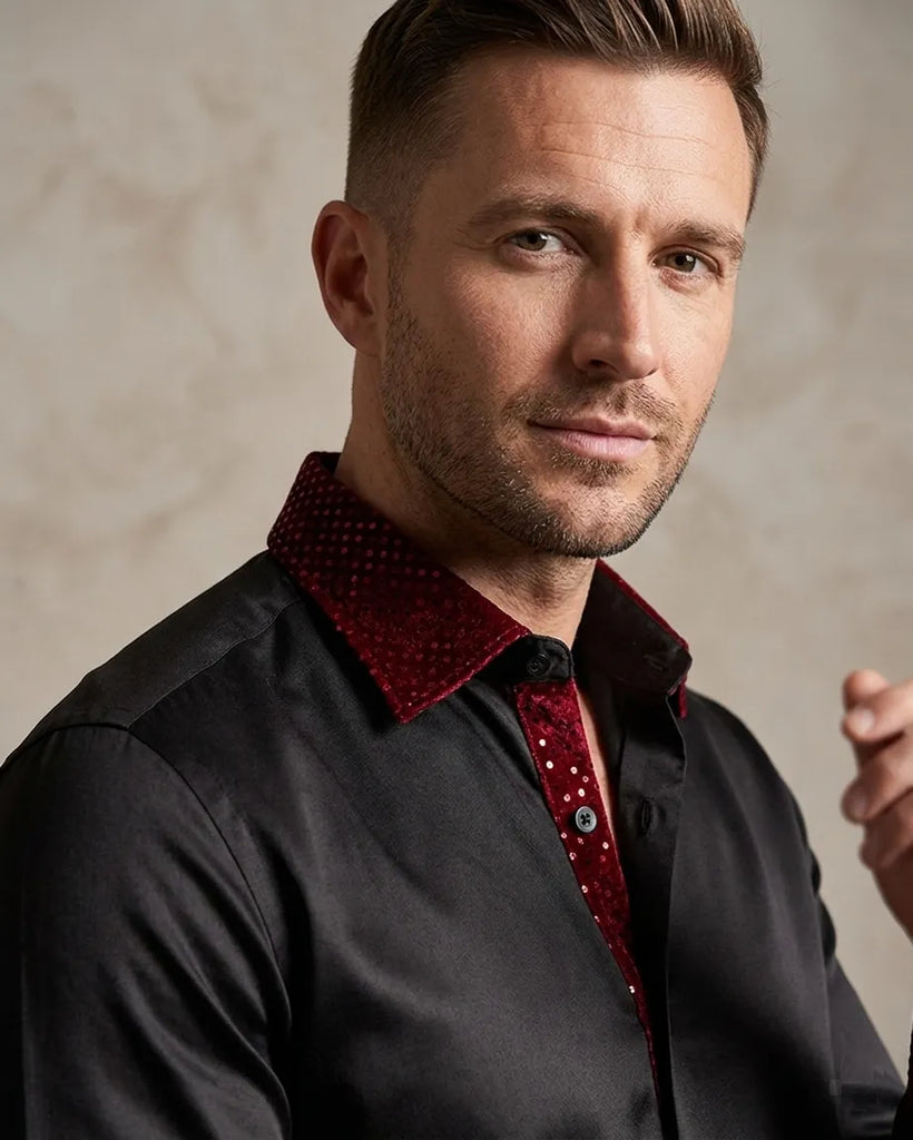 Burgundy Fashion Shirt with Sequin Collar & Sleeve Design
