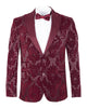 Burgundy Floral Flock Design Blazer with Contrasting Lapel & Matching Bow Tie-Makrom