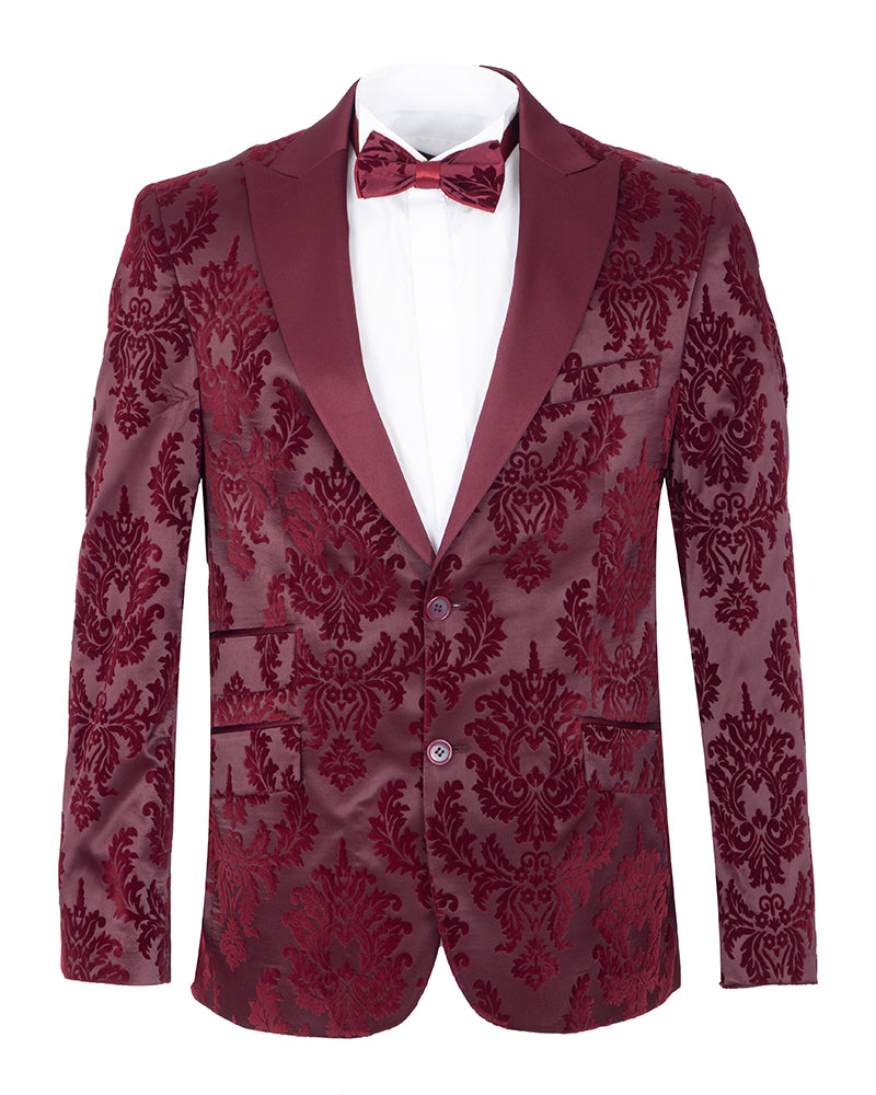 Burgundy Floral Flock Design Blazer with Contrasting Lapel & Matching Bow Tie-Makrom
