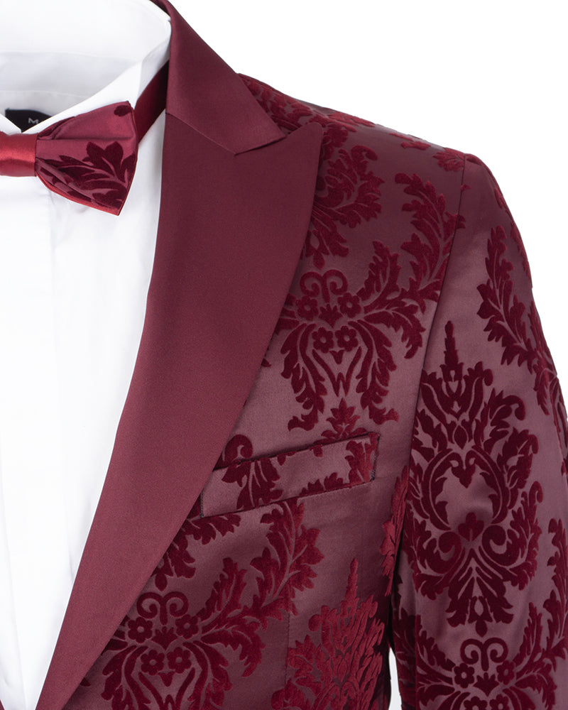 Burgundy Floral Flock Design Blazer with Contrasting Lapel & Matching Bow Tie-Makrom