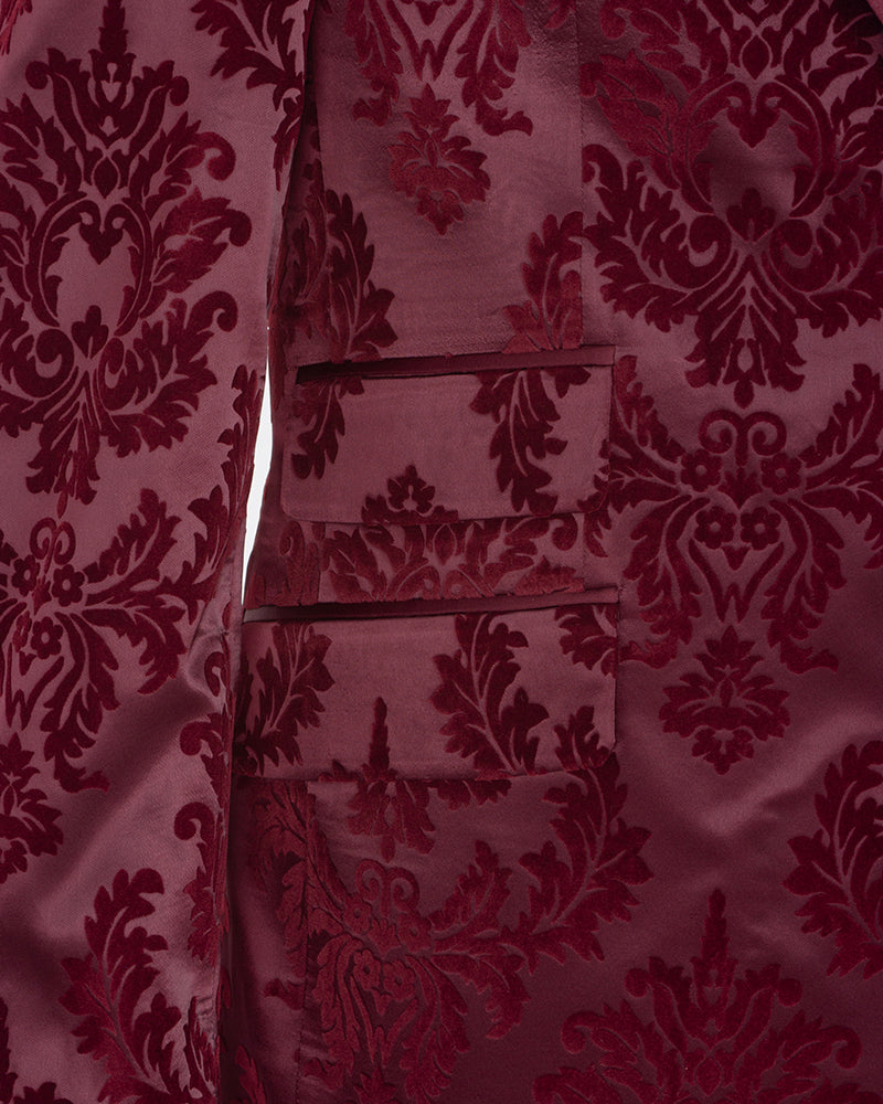 Burgundy Floral Flock Design Blazer with Contrasting Lapel & Matching Bow Tie-Makrom