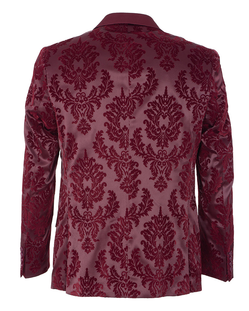 Burgundy Floral Flock Design Blazer with Contrasting Lapel & Matching Bow Tie-Makrom