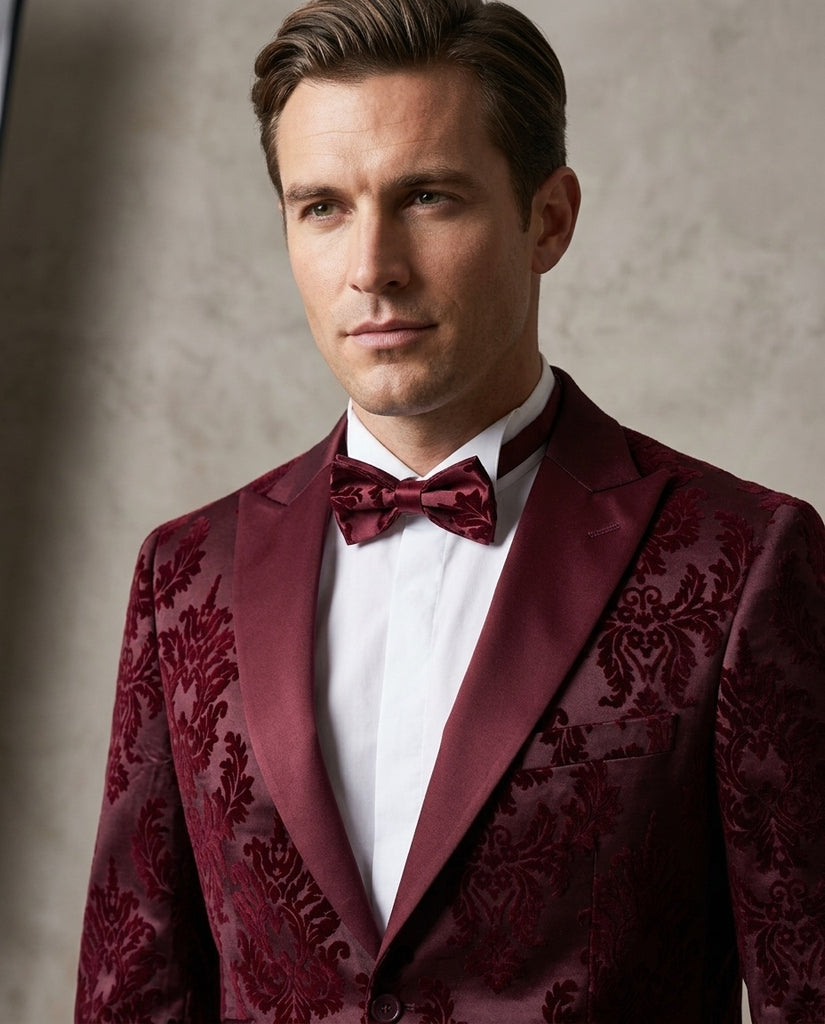 Burgundy Floral Flock Design Blazer with Contrasting Lapel & Matching Bow Tie