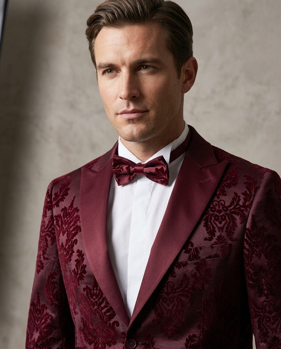 Burgundy Floral Flock Design Blazer with Contrasting Lapel & Matching Bow Tie