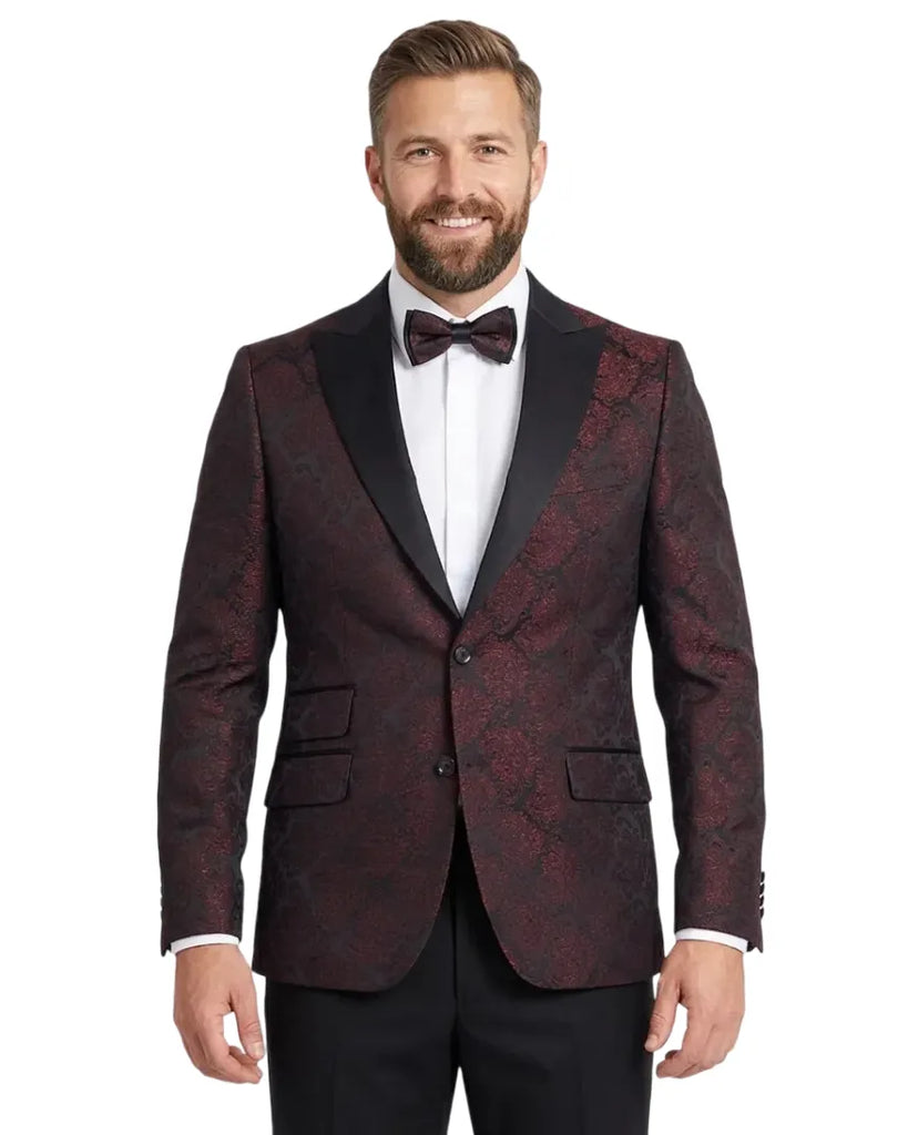 Burgundy Paisley Contrasting Lapel Blazer & Waistcoat-Makrom