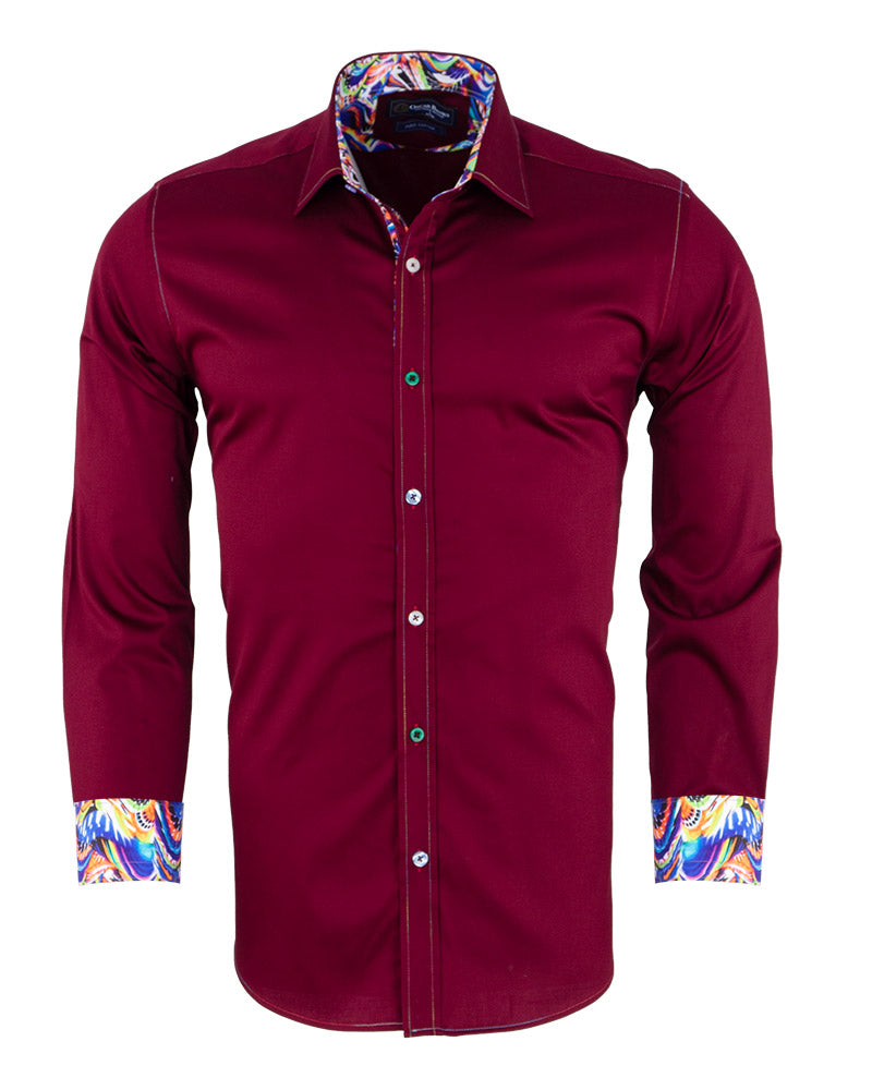 Burgundy Plain Colourful Stitching & Button Pure Cotton Shirt-Makrom