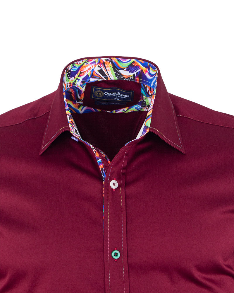 Burgundy Plain Colourful Stitching & Button Pure Cotton Shirt-Makrom