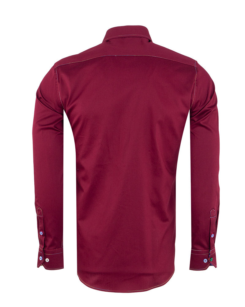Burgundy Plain Colourful Stitching & Button Pure Cotton Shirt-Makrom