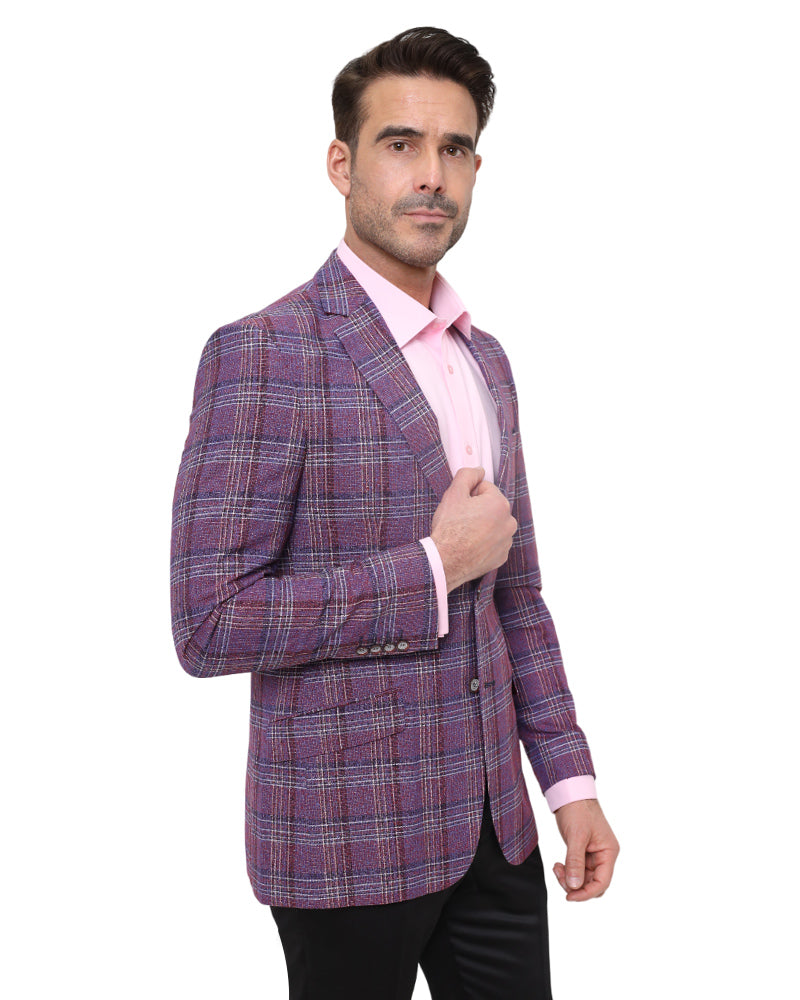 Burgundy Prince Of Wales Check Mens Blazer-Makrom