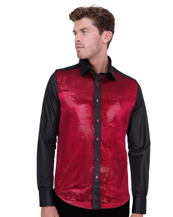 Burgundy Sequin Fashion Shirt with Plain Collar Tip Design-Makrom