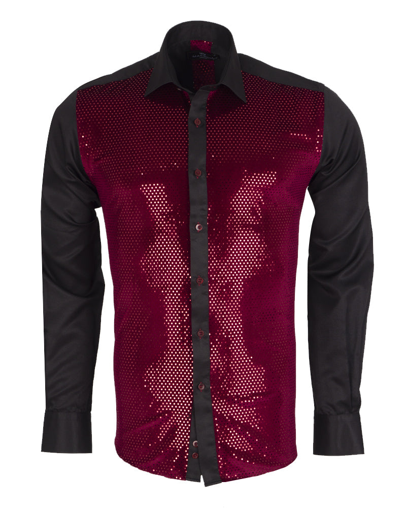 Burgundy Sequin Fashion Shirt with Plain Collar Tip Design-Makrom