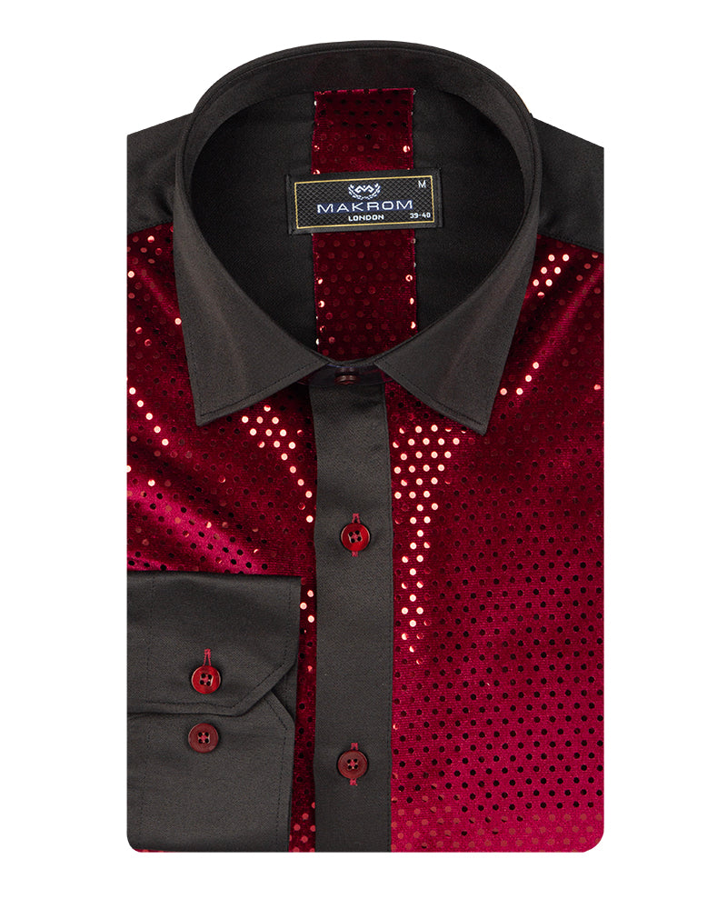 Burgundy Sequin Fashion Shirt with Plain Collar Tip Design-Makrom