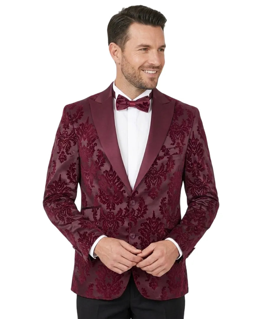 Burgundy Floral Flock Design Blazer with Contrasting Lapel & Matching Bow Tie