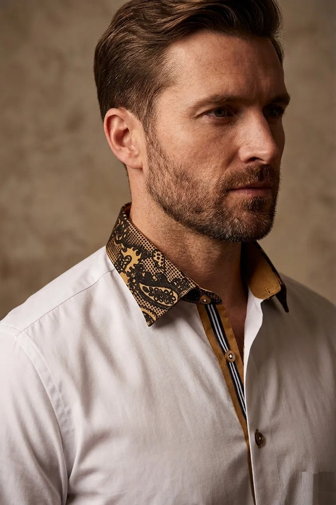 Camel Paisley Embroidery Design Collar & Cuff Shirt