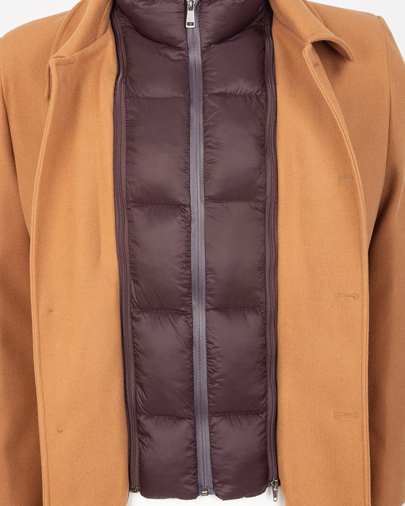 Camel Single-Breasted Overcoat with Removable Quilted Inner Layer-Makrom