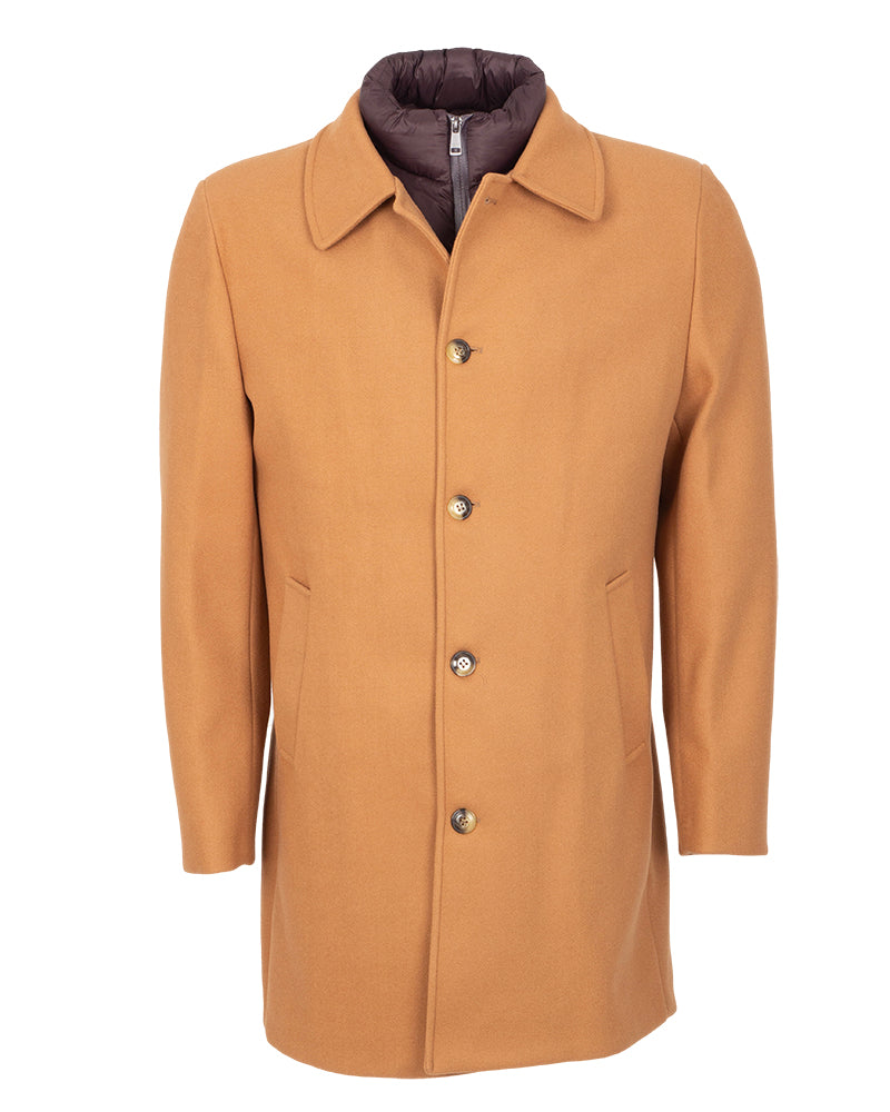 Camel Single-Breasted Overcoat with Removable Quilted Inner Layer-Makrom