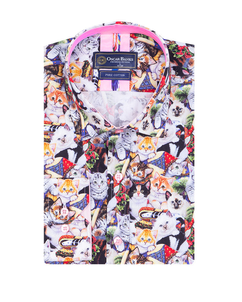 Cat Print Shirt with Matching Handkerchief-Makrom