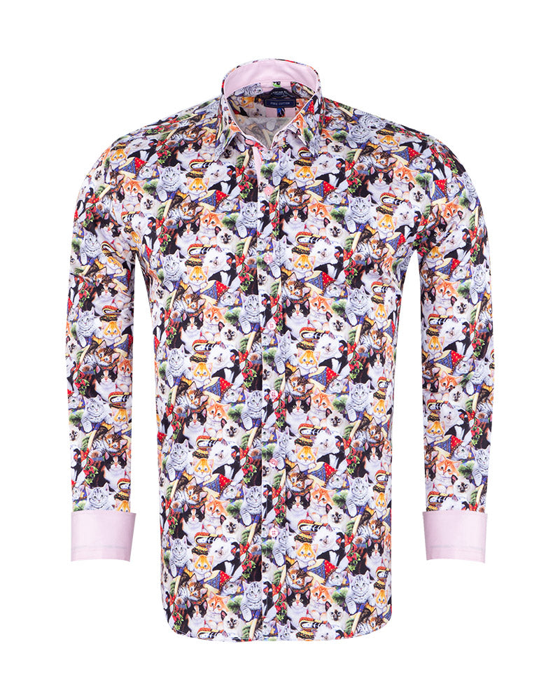 Cat Print Shirt with Matching Handkerchief-Makrom