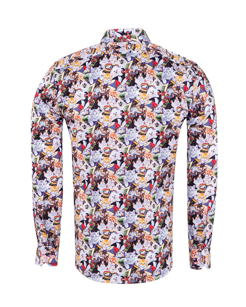 Cat Print Shirt with Matching Handkerchief-Makrom