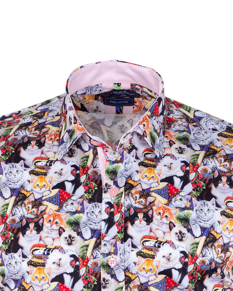 Cat Print Shirt with Matching Handkerchief-Makrom