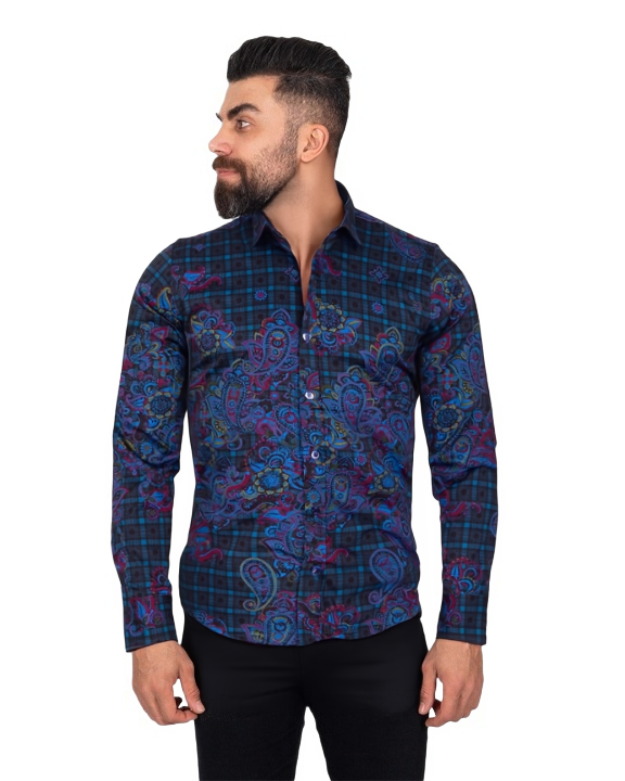 Check Paisley Print Men's Shirt with Matching Handkerchief-Makrom