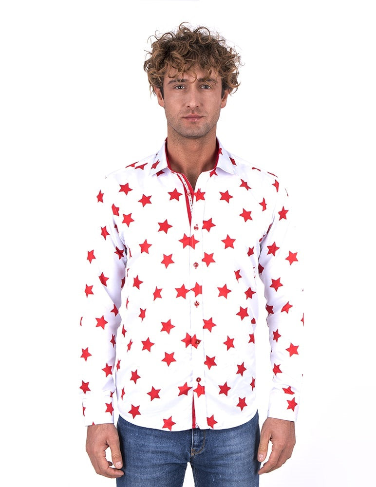 Christmas White Star Print Men's Shirt-Makrom