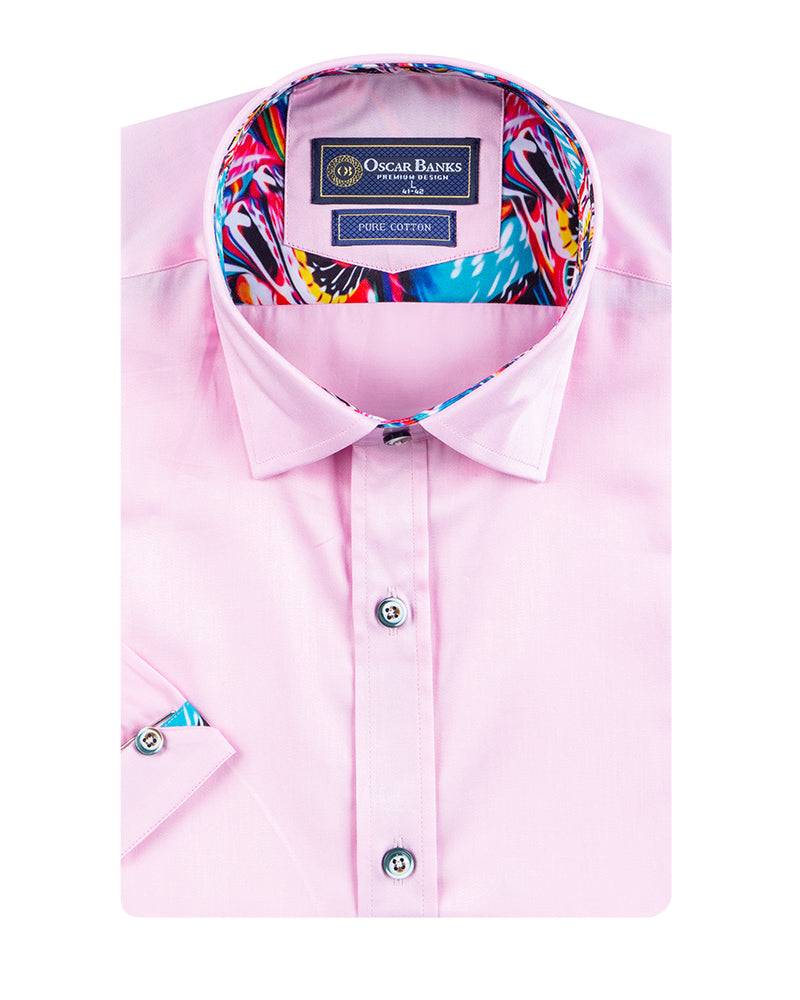 Classic Pink Short Sleeve Shirt with Colourful Paisley Insert Shirt-Makrom