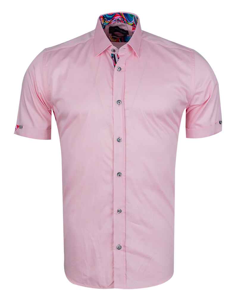 Classic Pink Short Sleeve Shirt with Colourful Paisley Insert Shirt-Makrom