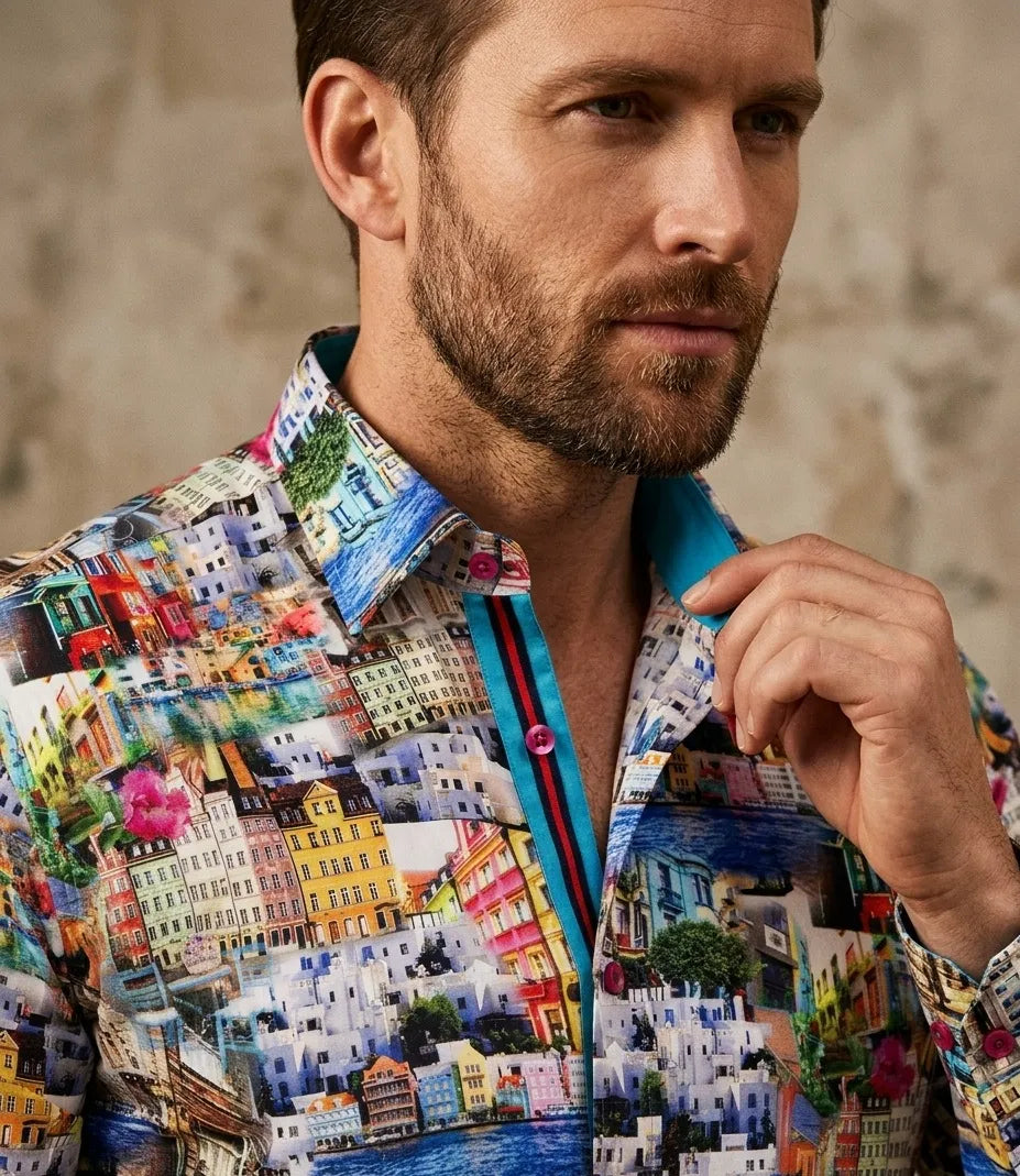 Colourful Coastal Print Men's Shirt with Matching Handkerchief