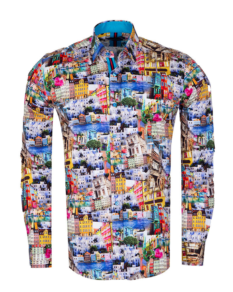 Colourful Coastal Print Men's Shirt with Matching Handkerchief-Makrom