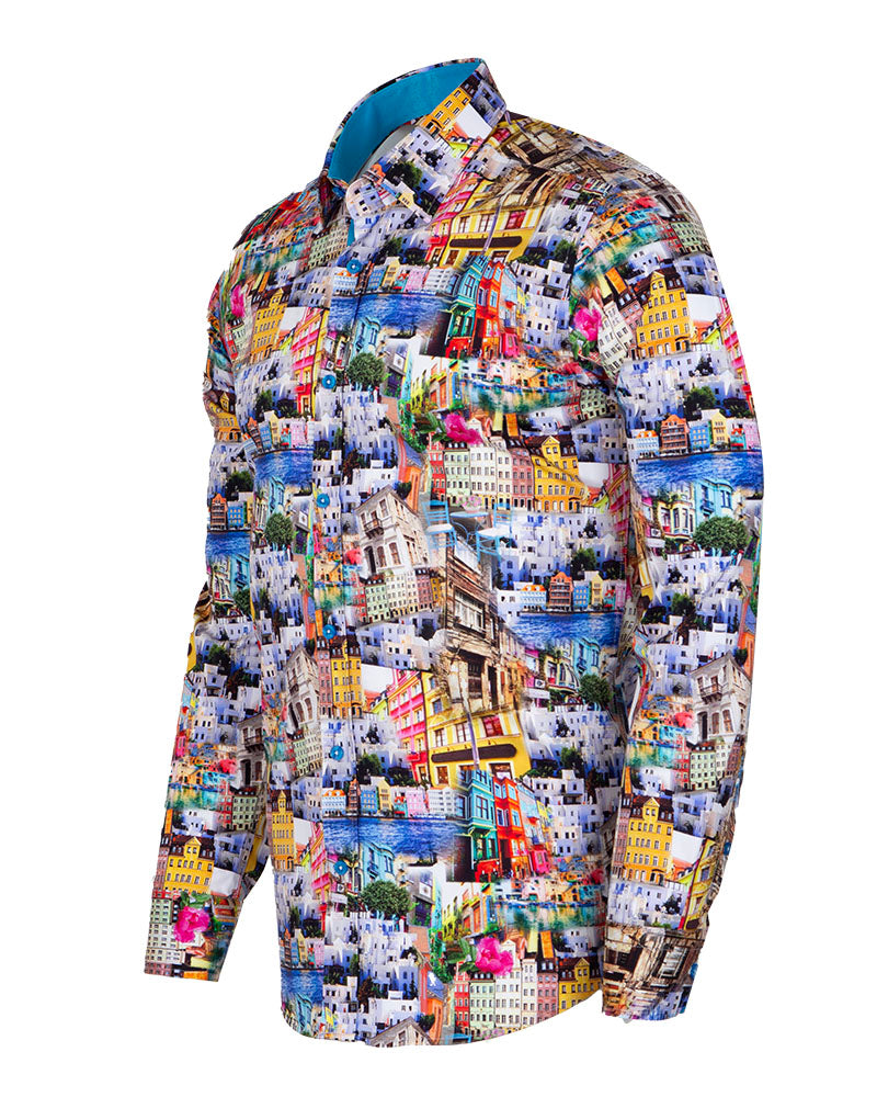 Colourful Coastal Print Men's Shirt with Matching Handkerchief-Makrom