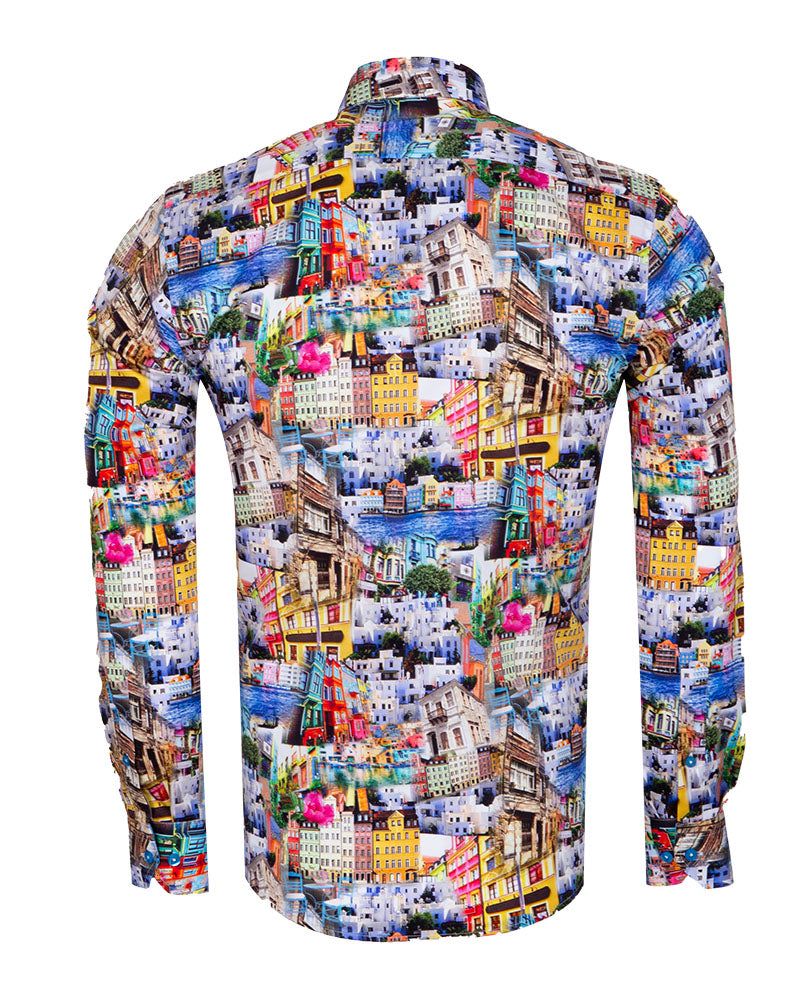 Colourful Coastal Print Men's Shirt with Matching Handkerchief-Makrom