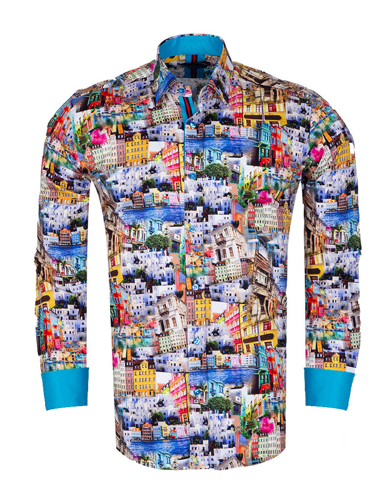 Colourful Coastal Print Men's Shirt with Matching Handkerchief-Makrom
