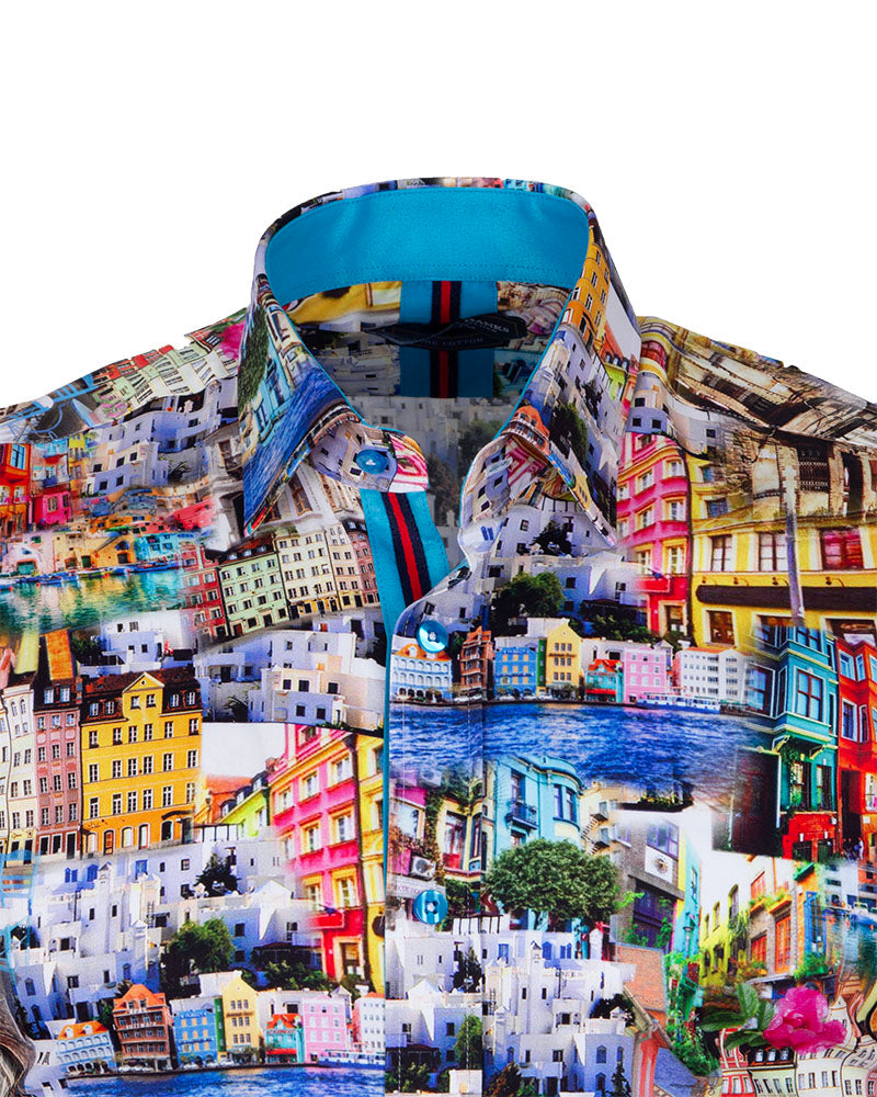 Colourful Coastal Print Men's Shirt with Matching Handkerchief-Makrom